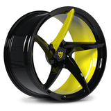 CUSTOM FORGED 5 SPOKE MONOBLOCK SUPER CONCAVE WHEELS: RV-MC35 in black and yellow finish, 5 spoke concave design