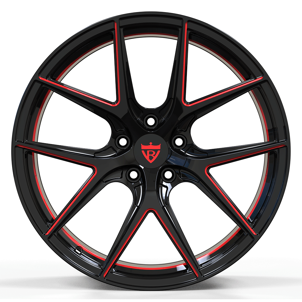 Custom forged monoblock wheel design in black and red, ideal for 2022 Corvette C8 Z51 aftermarket upgrades.