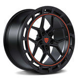 Custom forged monoblock wheel for Audi, featuring a concave Y-spoke design and sleek black finish with red accents.