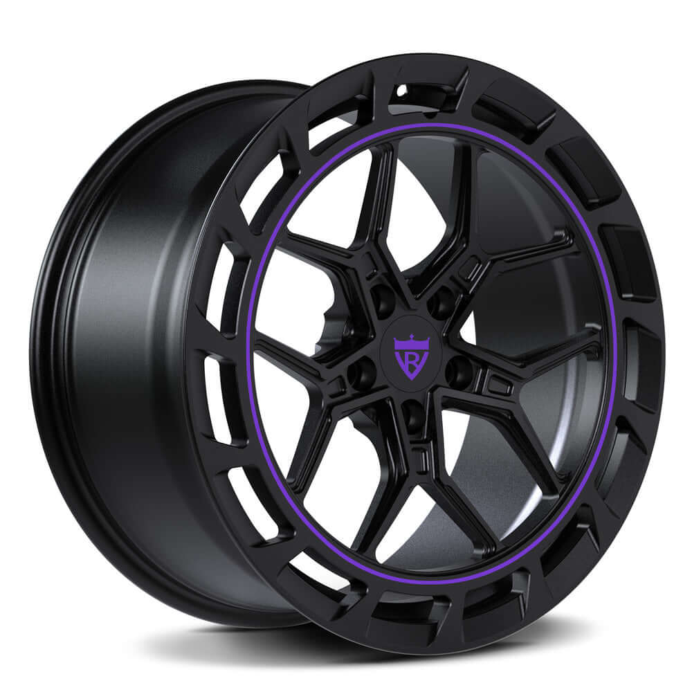 Custom forged monoblock wheel for Audi, featuring a Y-spoke design in matte black with purple accents.