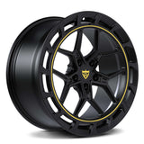 Custom forged monoblock wheel for Audi featuring a concave Y-spoke design in black with yellow accents.