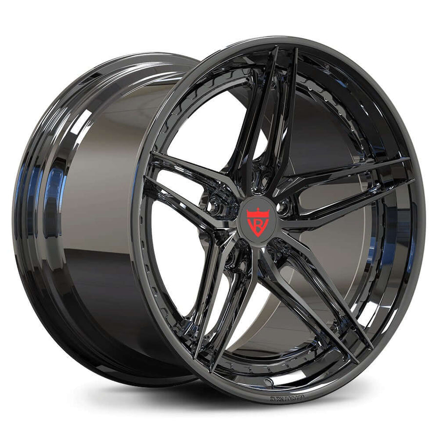 RV-DP03 black chrome 5-spoke concave wheel with a red center cap badge