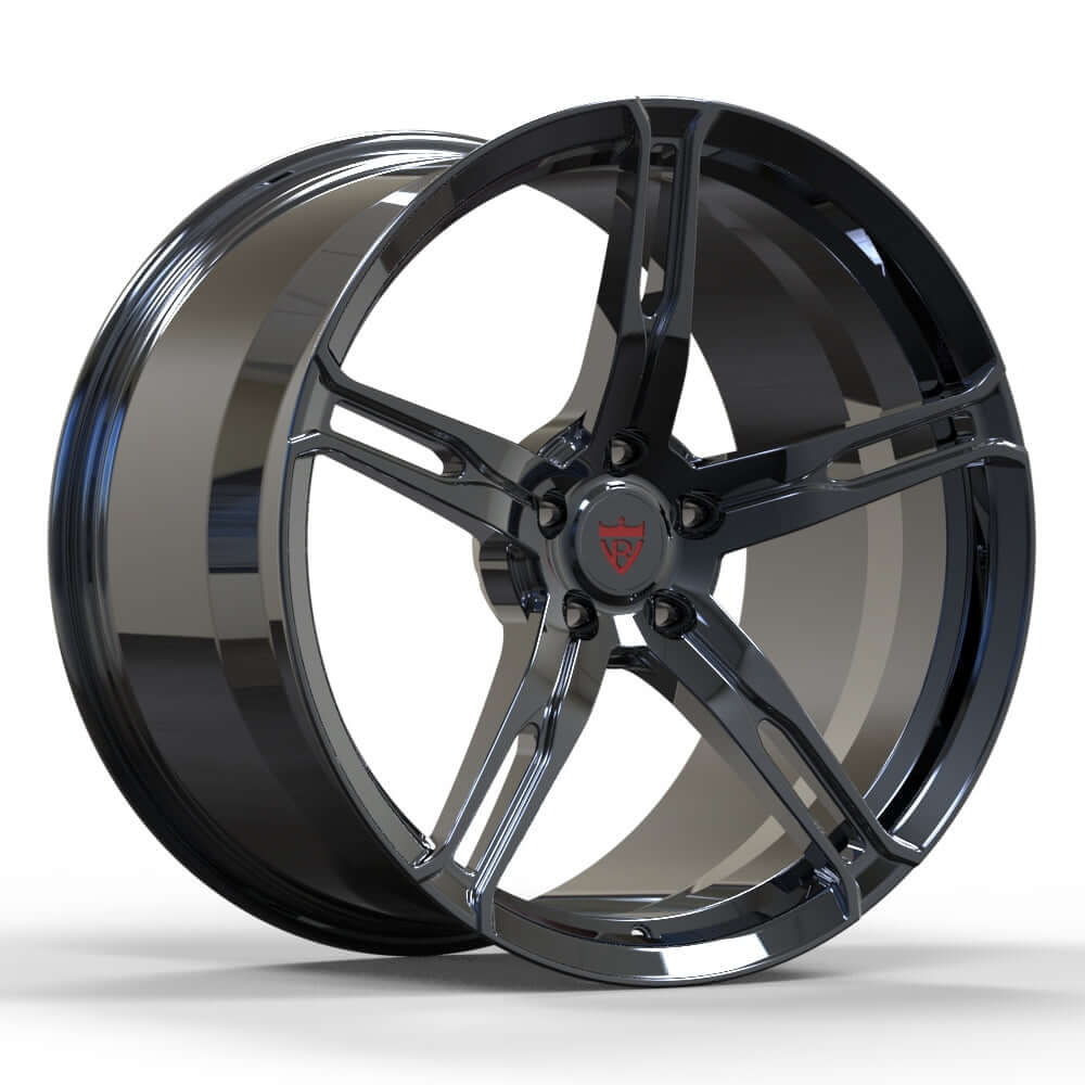 Custom forged 1-piece 5-spoke McLaren 650S wheel in black chrome finish, enhancing performance and style.