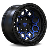 Custom forged truck wheel with black finish and blue accents, suitable for various truck models including Ford F150.