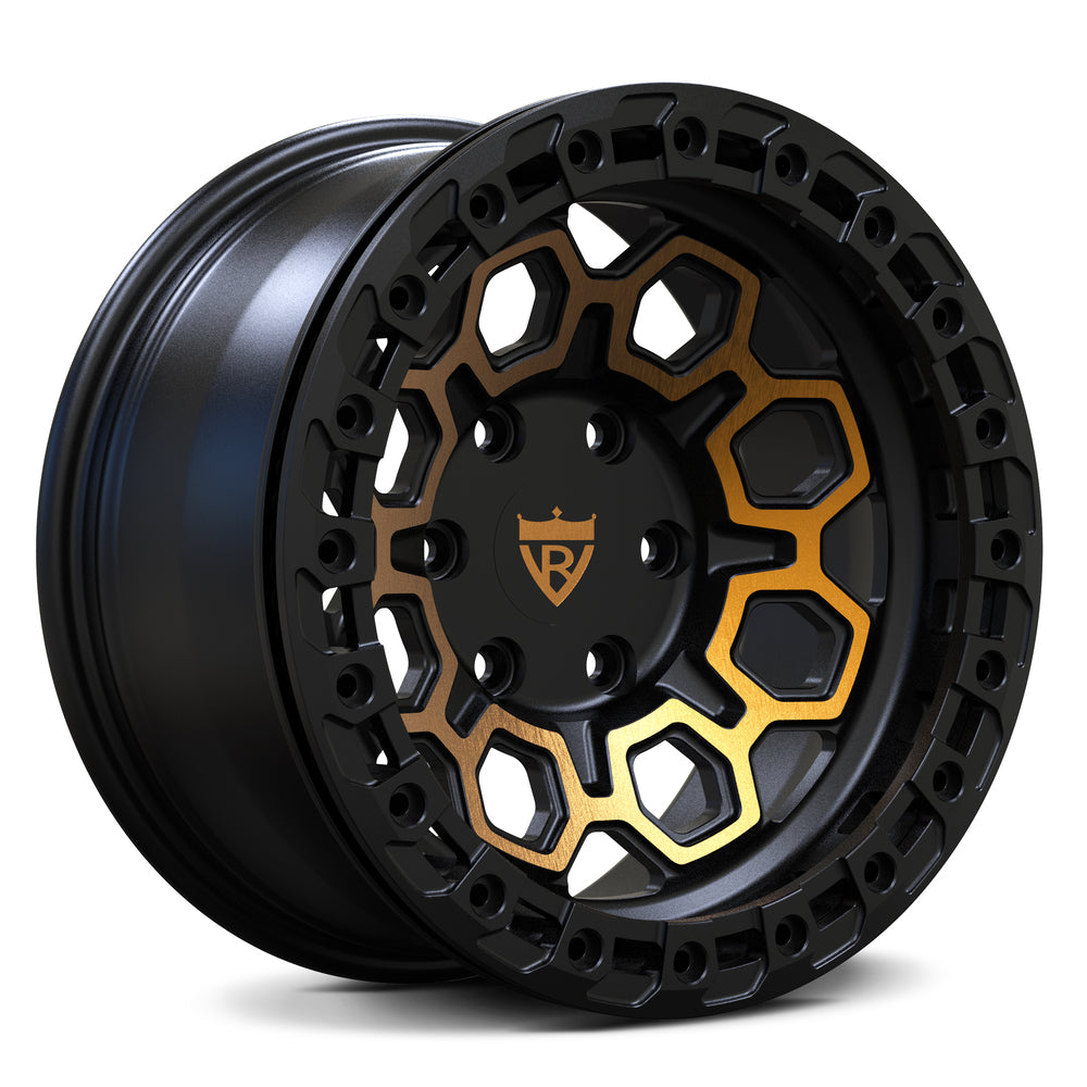 Custom forged wheel with black and gold finish, ideal for trucks and SUVs like Ford F150 and Jeep Wrangler.