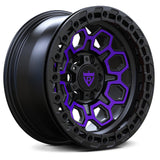 Custom forged wheel with black and purple finish, ideal for trucks and SUVs, enhancing style and performance.