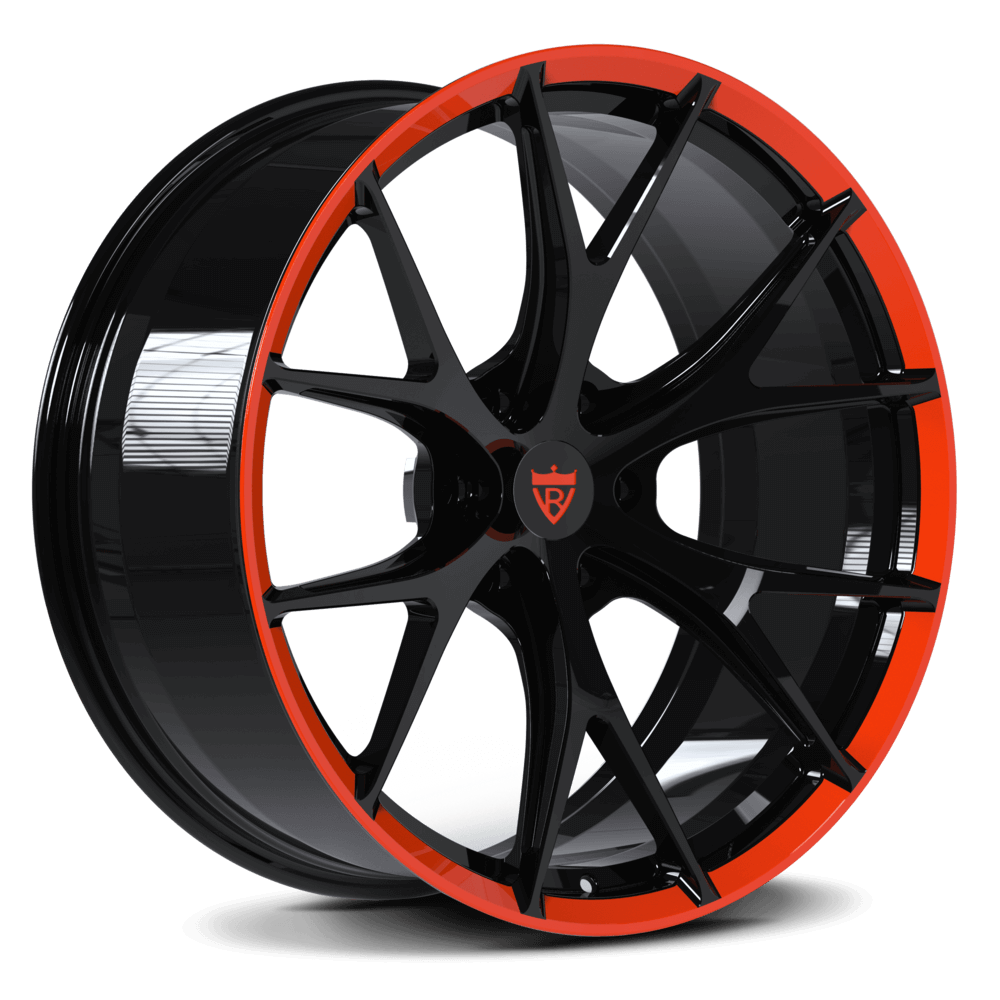 Custom forged monoblock Y-spoke wheels for Dodge Ram 1500 and 2500 with black finish and red trim, 6 lug design.