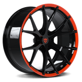 Custom forged monoblock Y-spoke wheels for Dodge Ram 1500 and 2500 with black finish and red trim, 6 lug design.