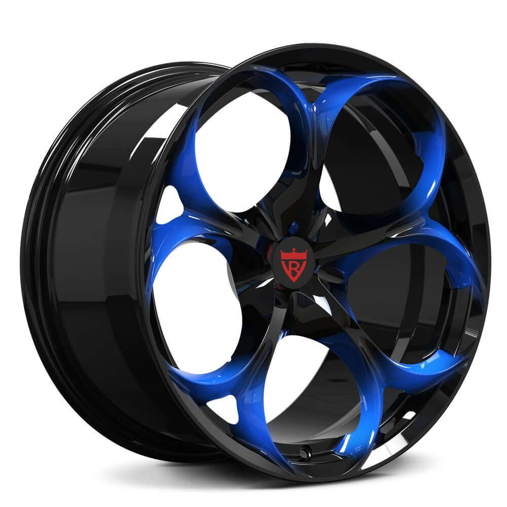 Custom forged monoblock wheel RV-MS016 with black and blue finish for Tesla Model S rims, combining style and performance.