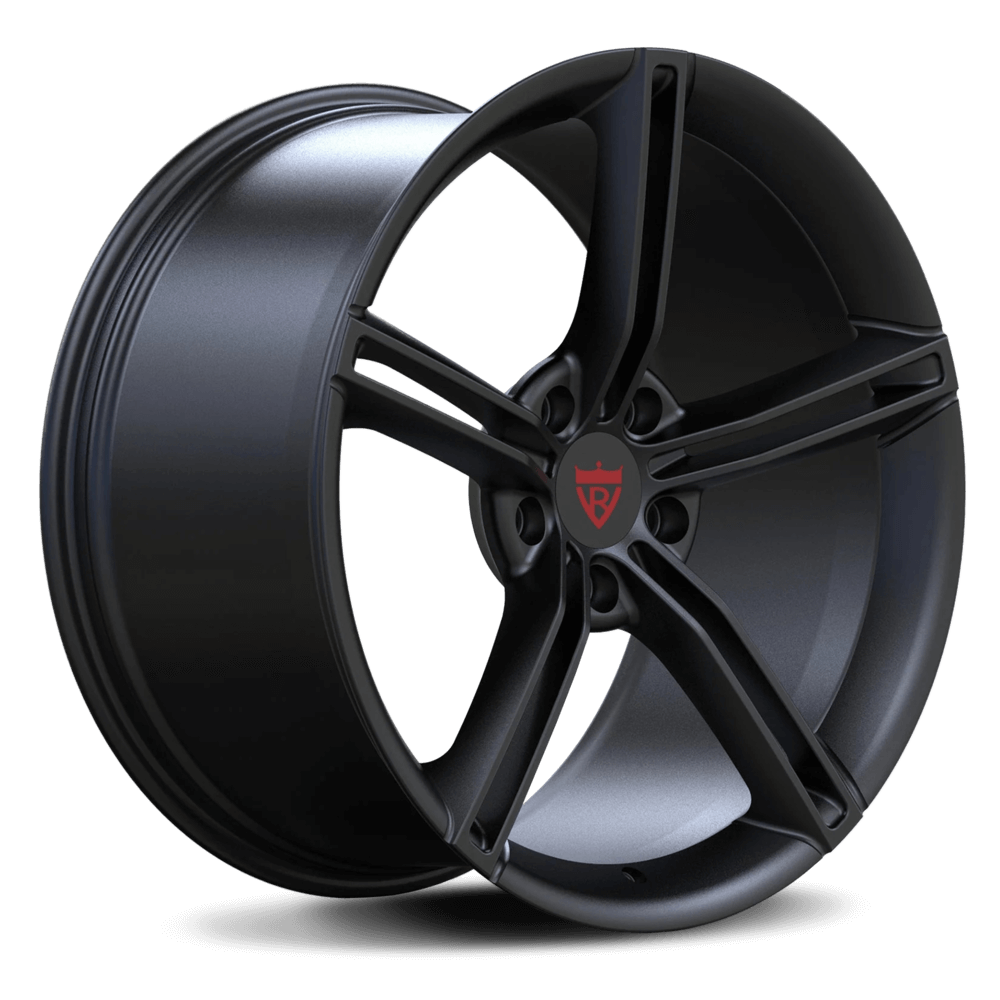Custom forged 5 spoke wheel in matte black finish, designed for Audi and featuring a monoblock structure.