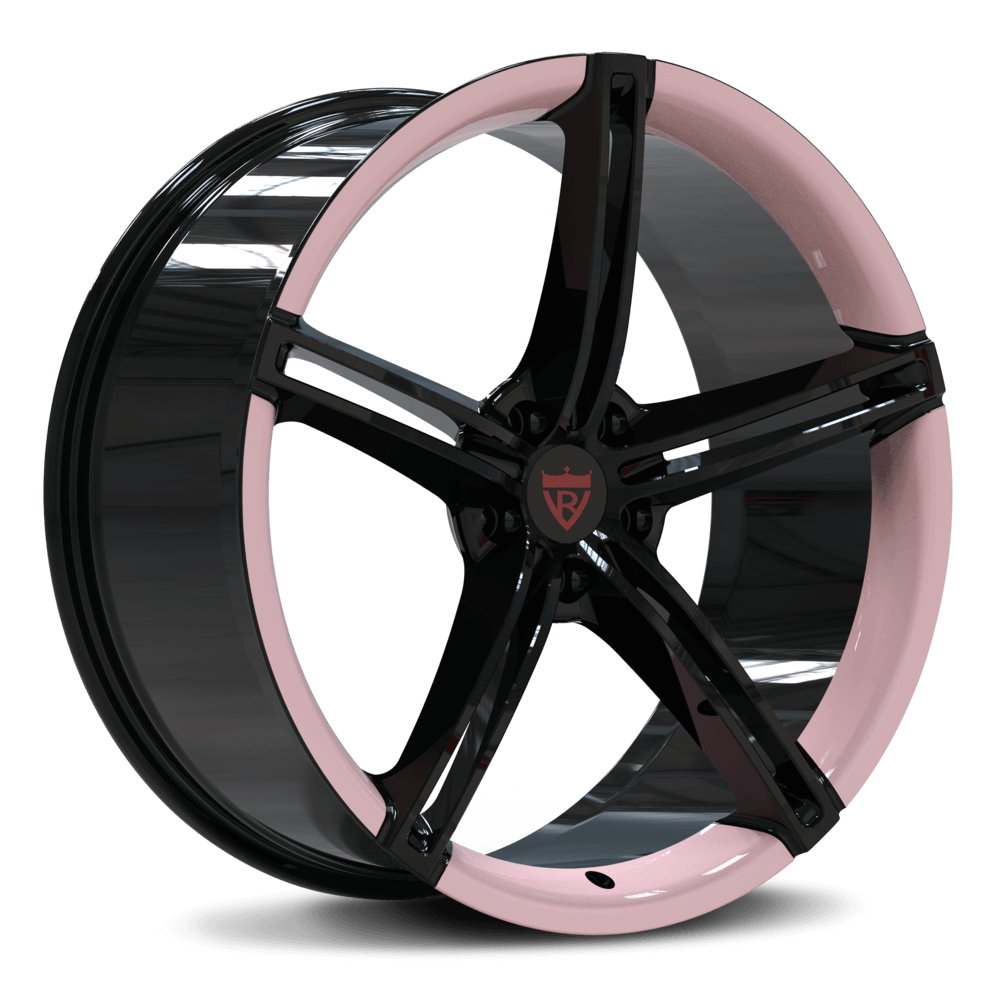 Custom forged 1-piece 5 spoke wheels in black and pink finish, designed for high performance and aesthetics.