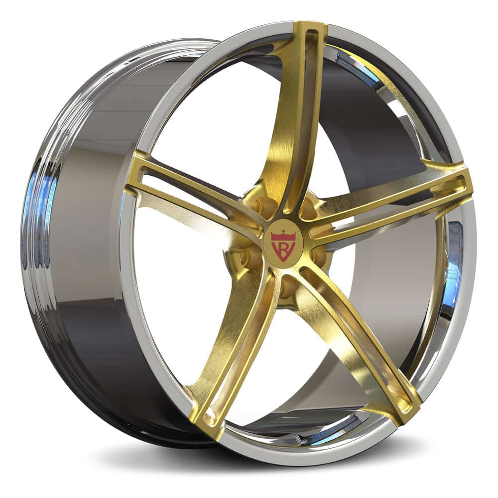Custom forged 5 spoke monoblock wheel in chrome and gold finish for Audi vehicles.