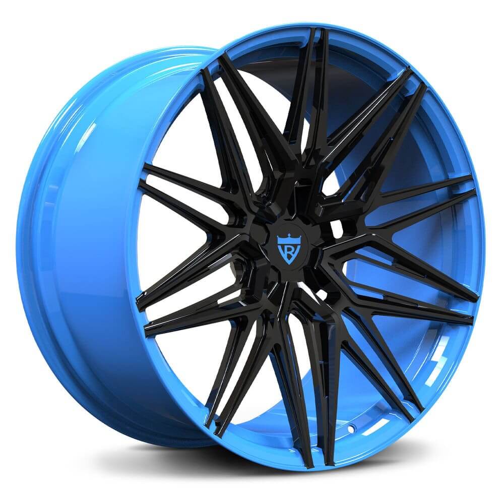Custom forged monoblock wheel in vibrant blue with black spokes, perfect for C7 Corvette aftermarket upgrades.