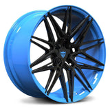 Custom forged monoblock wheel in vibrant blue with black spokes, perfect for C7 Corvette aftermarket upgrades.