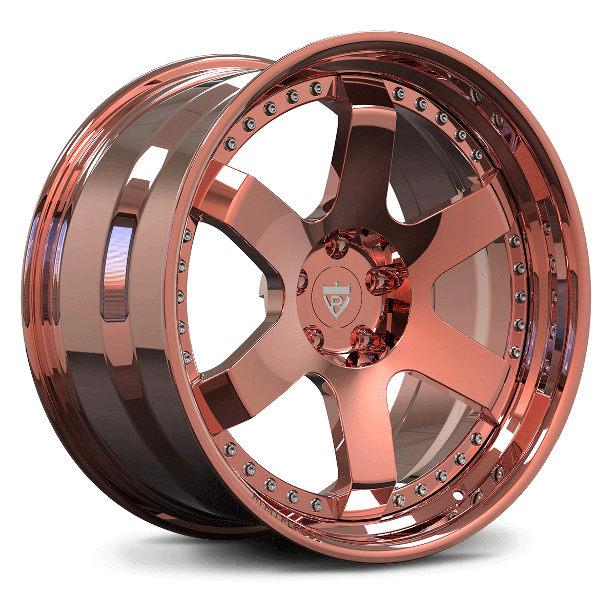 Polished Rose Gold forged 2-piece wheels – custom RVRN RV-DS01 step lip design for high-end cars.