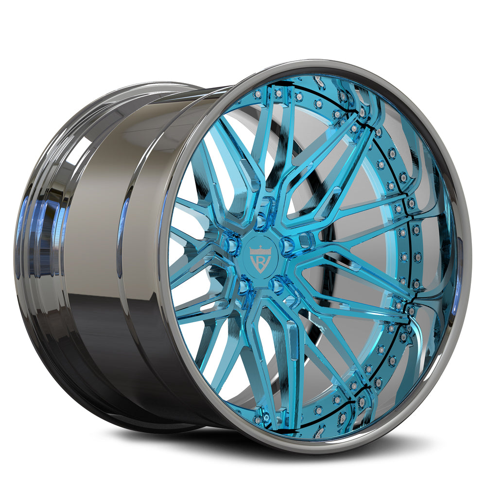 Custom deep dish blue 2-piece forged wheel RV-T081 with a polished chrome finish, designed for stylish performance.