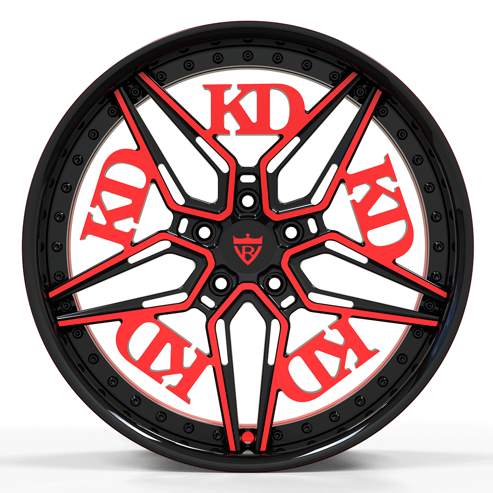 Close-up of 2-Piece Forged Red & Black KD Rims for Corvette C8