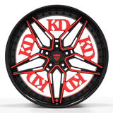 Close-up of 2-Piece Forged Red & Black KD Rims for Corvette C8
