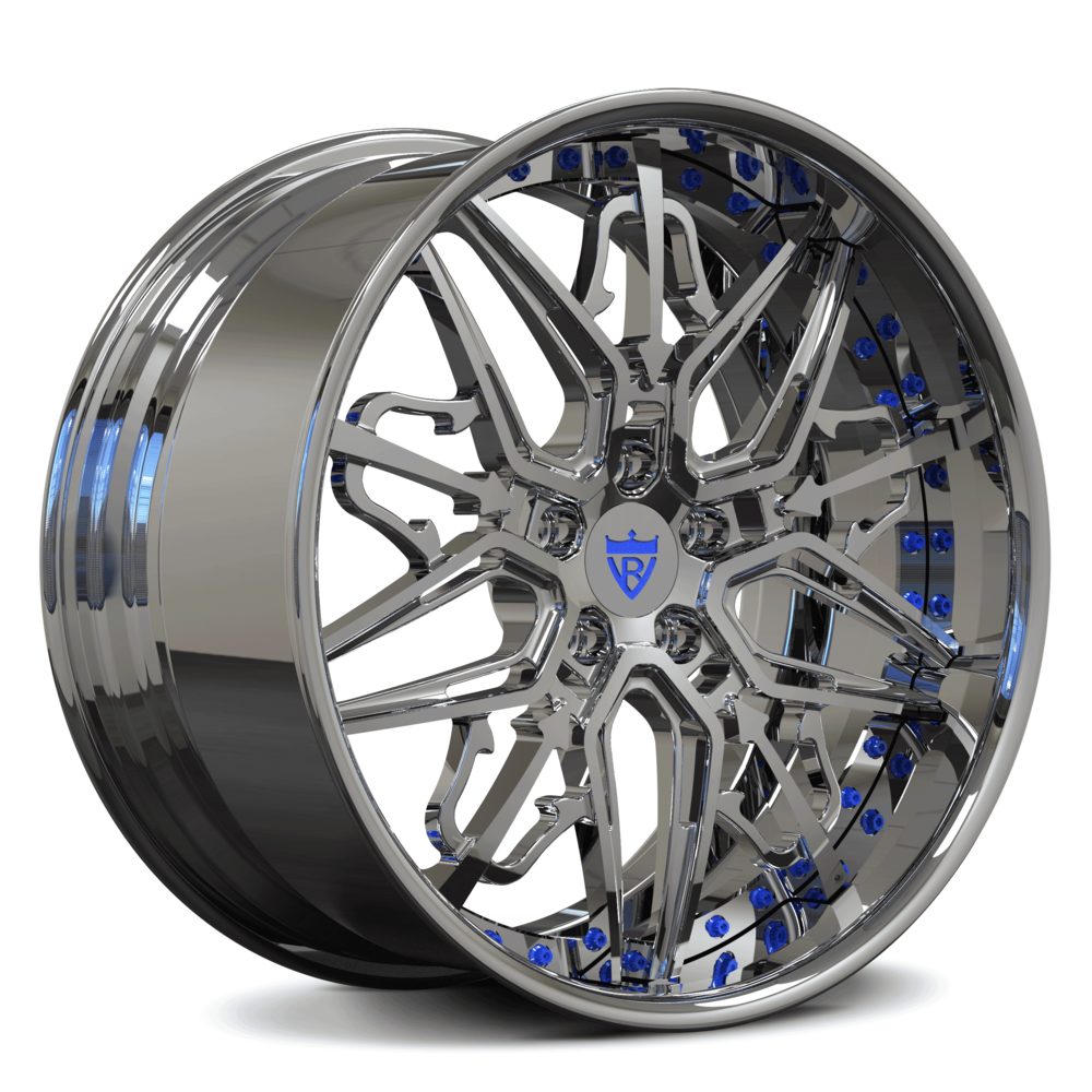 Custom forged RM-01 wheels in chrome with blue accents, ideal for C7 Corvette Grand Sport and aftermarket wheels.