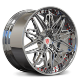 Custom forged 2-piece chrome wheel, designed for C7 Corvette Grand Sport with intricate detailing.