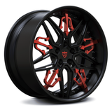 Custom forged RM-01 wheel in black and red design for C7 Corvette Grand Sport aftermarket upgrades.