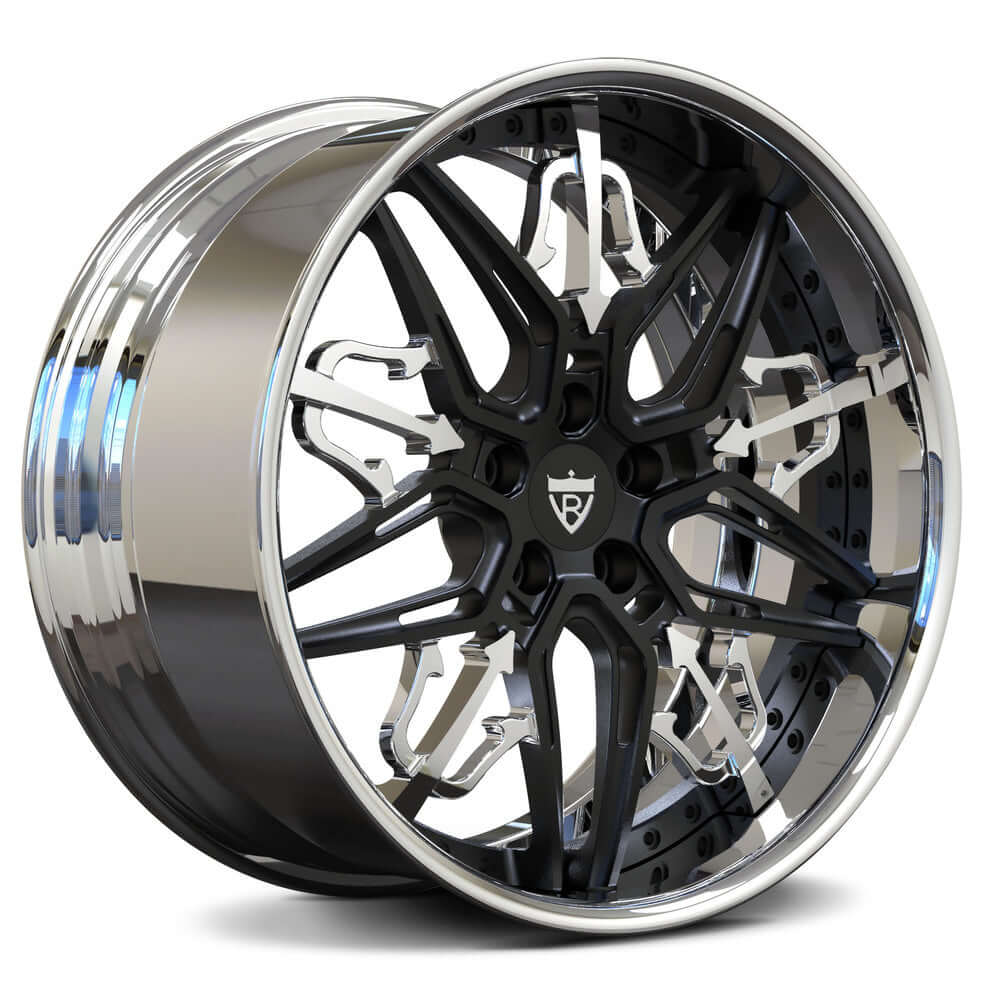 Custom forged Maserati RM-01 wheels, black and chrome finish, designed for luxury and performance, perfect for Granturismo upgrades.