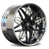 Custom forged Maserati RM-01 wheels, black and chrome finish, designed for luxury and performance, perfect for Granturismo upgrades.