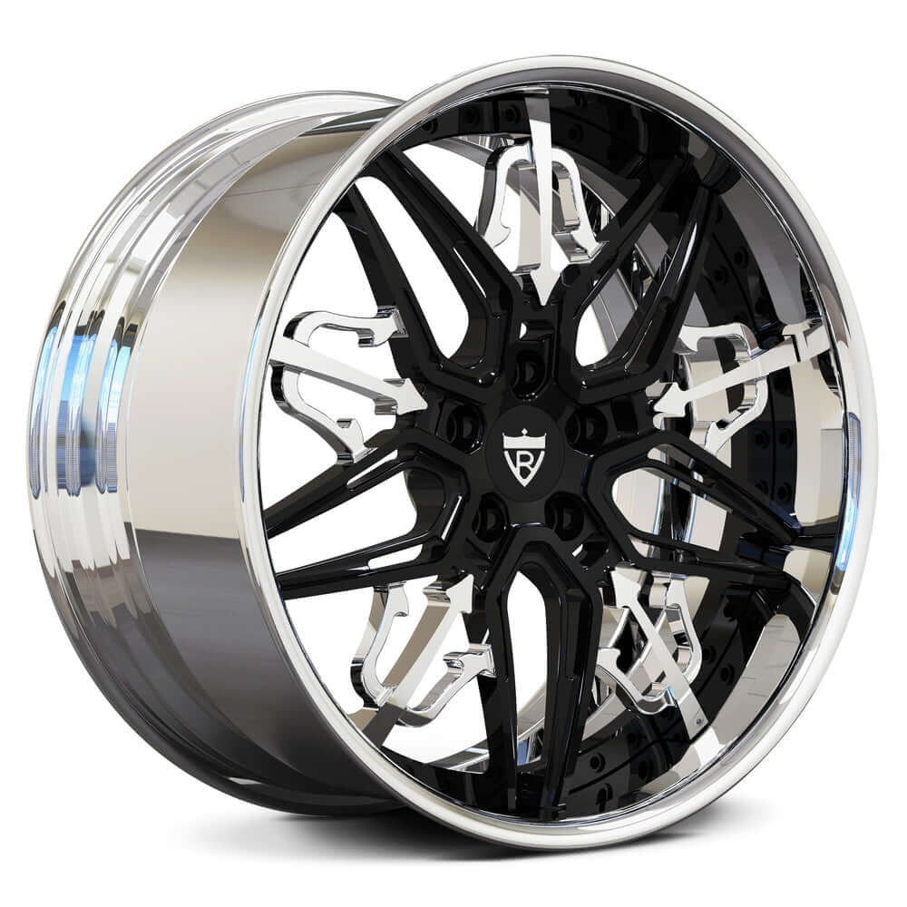 Custom 2-piece forged Maserati wheels RM-01 with sleek black spokes and polished lip, ideal for Maserati Granturismo upgrades.