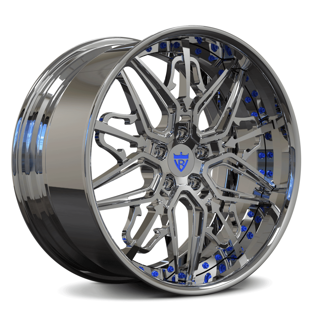 Custom forged Maserati RM-01 wheels showcasing a sleek design with blue accents and deep lip rims for luxury performance.
