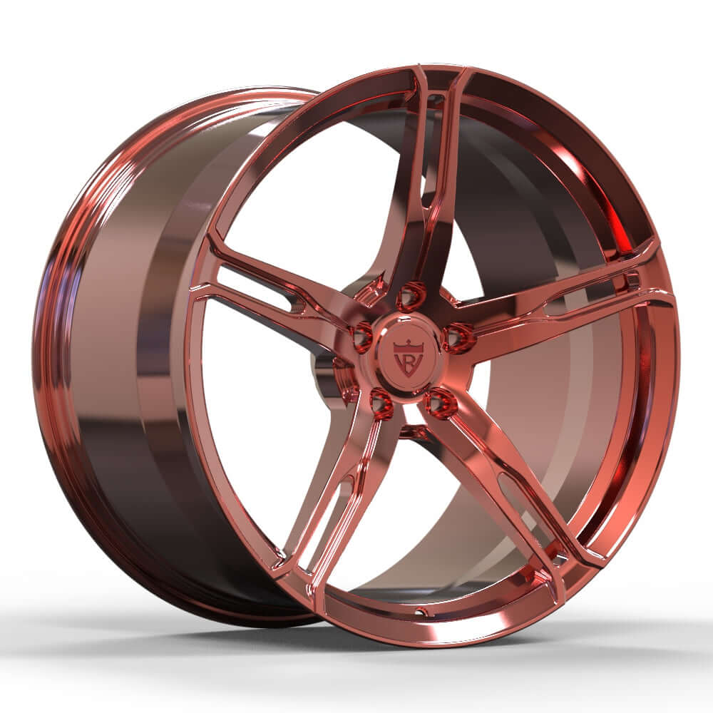 Custom forged 5-spoke wheel in rose gold, designed for McLaren 650S, showcasing performance and unique style.