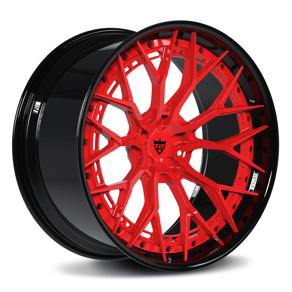 Custom 2-piece forged black & red wheels for Audi RSQ8 and Q8, featuring an aggressive multi-piece design.