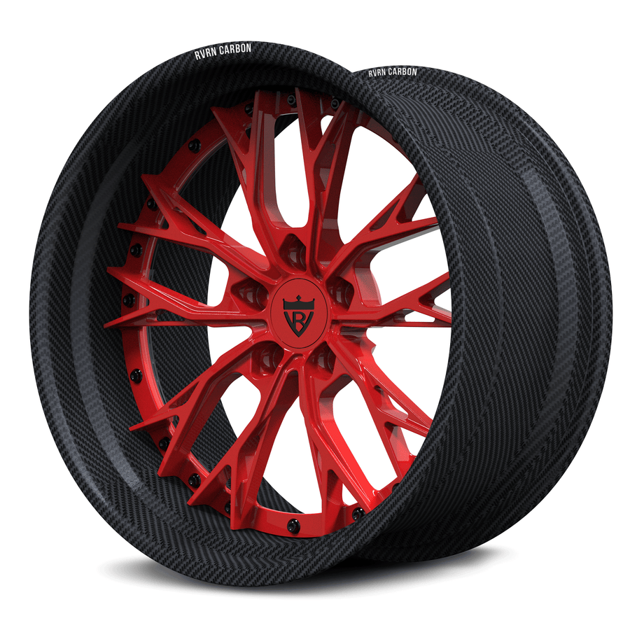 The RVRN RV-DC04 CF pairs an RVRN Red Y-spoke center with Gloss Black screws and a genuine carbon fiber outer rim.