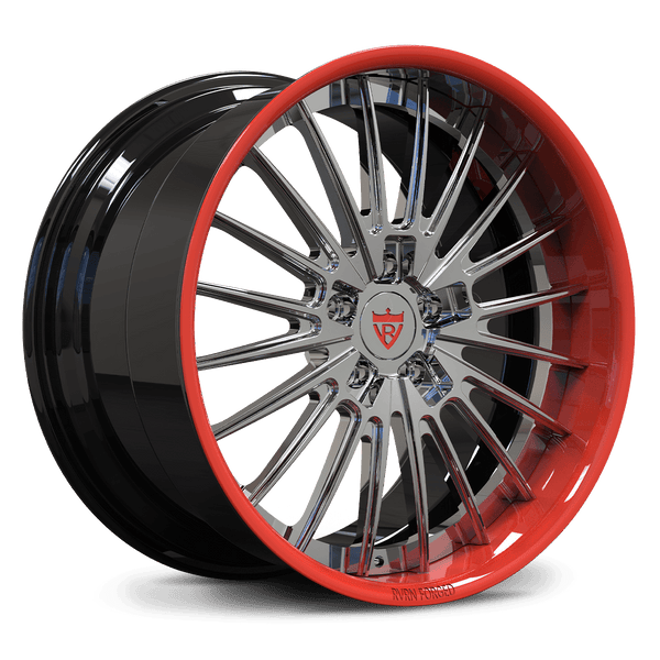 RV-DC08 custom 2-piece forged wheel in Gloss Black and Chrome with a RVRN Red lip, aggressive deep dish for Corvette C8.