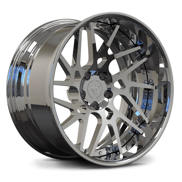 RVRN RV-DC11 custom 2-piece forged directional wheel in Mirror Chrome finish, specifically engineered for Corvette C8 Stingray performance fitment.