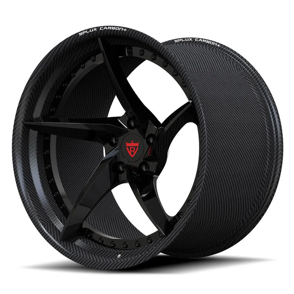 A minimalist Gloss Black forged center paired with a genuine carbon fiber structural barrel on the RV-DC35 CF hybrid wheel for Corvette C8.