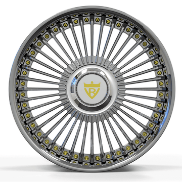 Custom forged 2-piece wheels RV-DM05 full chrome with gold rivets front view