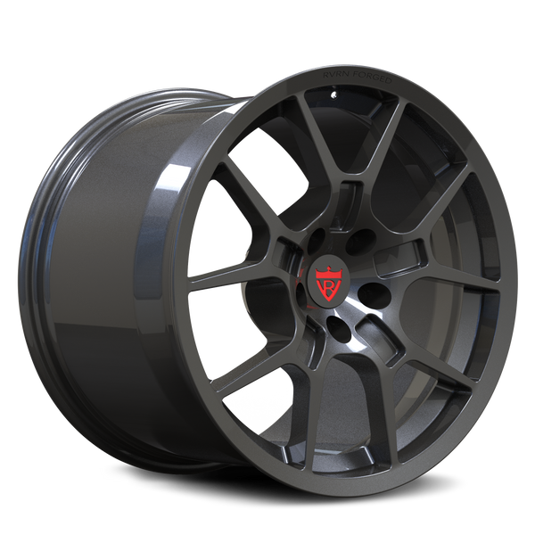 RV-MG05 custom forged Mustang GT wheel in gunmetal with motorsport-inspired split-spoke design