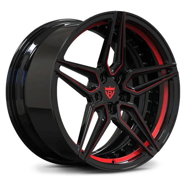 RV-MR02 monoblock forged wheel with Gloss Black center and Red accents, precision engineered for performance.