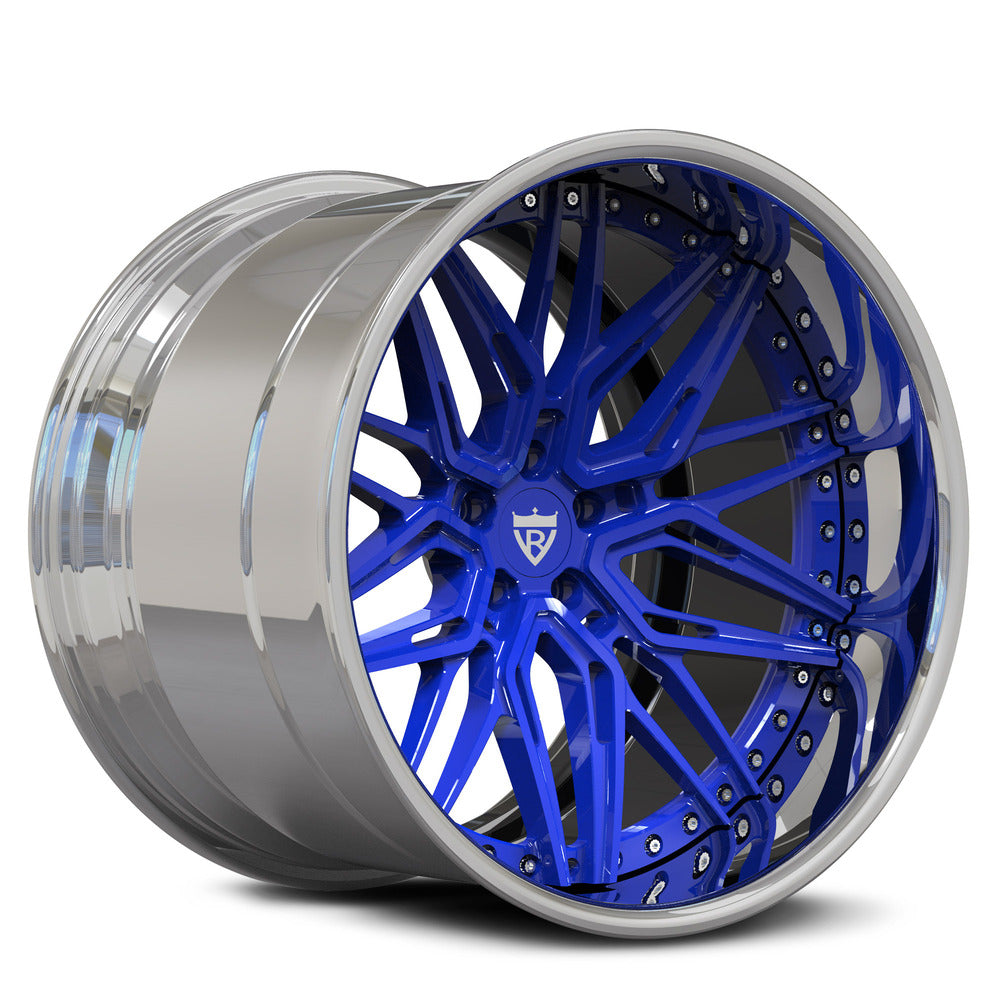 Deep dish blue custom forged 2-piece rim, featuring a vibrant blue finish and polished edges.