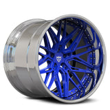 Deep dish blue custom forged 2-piece rim, featuring a vibrant blue finish and polished edges.