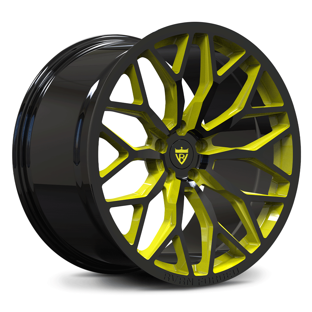 Custom monoblock two-tone forged wheel in piano black with lemon yellow accent – RVRN MG122