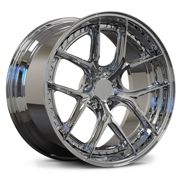 Cadillac CT5-V Blackwing chrome wheels, RVRN RV-DB179 full chrome Y-spoke step lip 2-piece forged custom rims angled view.