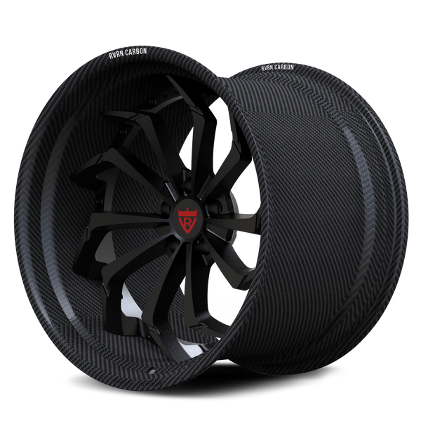 Corvette C8 Z06 custom wheels, RVRN RV-DC06 gloss black face with genuine carbon fiber barrel directional twist 2-piece angled view.