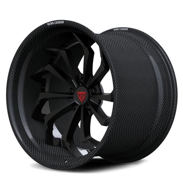 Corvette C8 Z06 custom wheels, RVRN RV-DC06 gloss black face with genuine carbon fiber barrel directional twist 2-piece angled view.