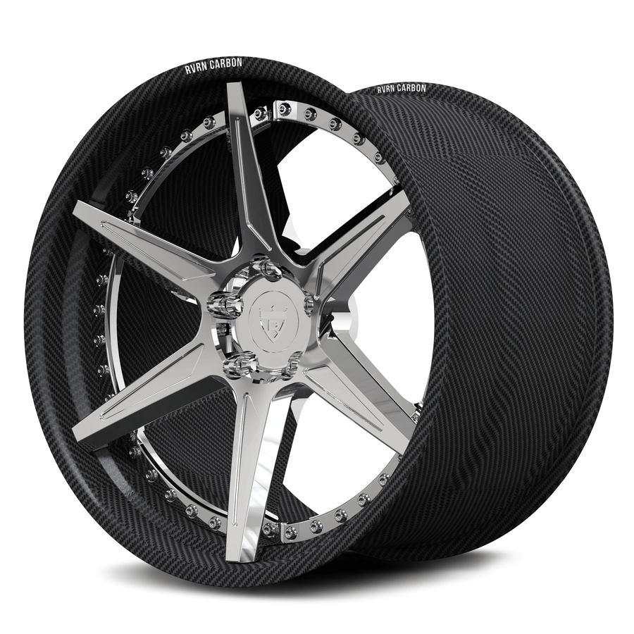 Genuine carbon fiber wheels for Audi R8, RVRN RV-DC19 real carbon fiber stepped lip with polished silver concave spokes.