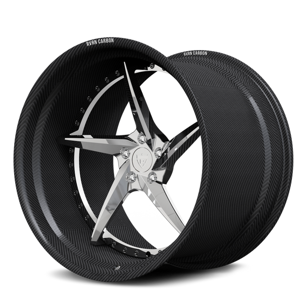 RVRN RV-DC35CF polished center and genuine carbon fiber step lip forged wheel, side view for Ferrari SF90.