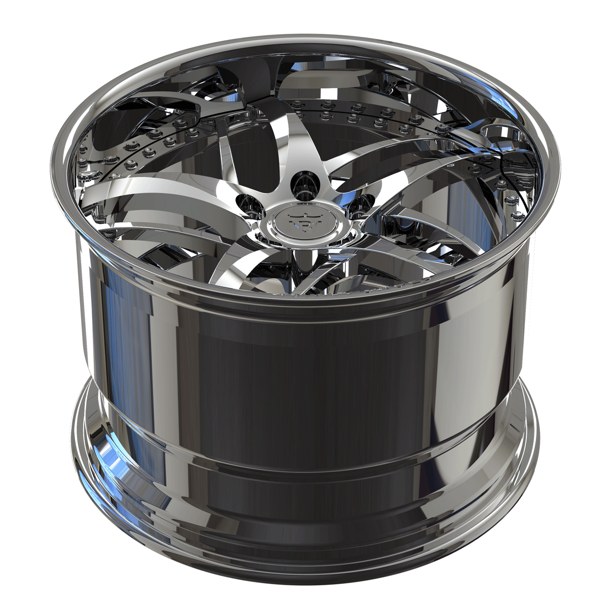 Tilted view of DC36D chrome deep dish 2-piece forged wheel for classic cars and Corvette