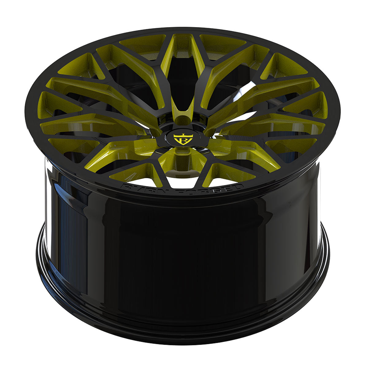 Deep concave 1-piece forged wheel, piano black with yellow window accent
