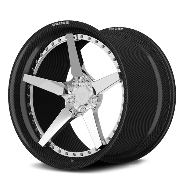 RVRN RV-DF14CF full polished center and genuine carbon fiber step lip forged wheel, side profile view on transparent background for Porsche 911 GT3 RS.