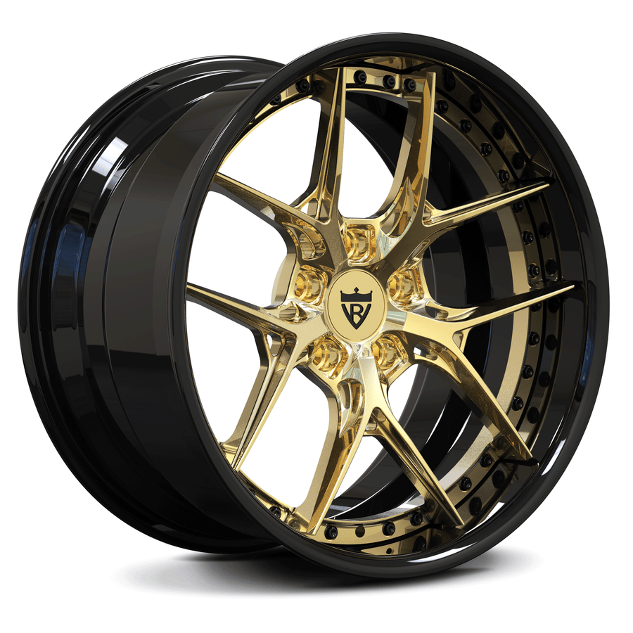 Maserati Grecale Trofeo aftermarket rims, RVRN RV-DR08D polished frozen gold face with gloss black accents luxury Y-spoke forged wheels.